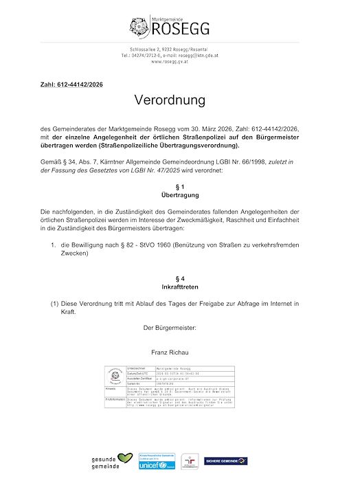 Straßenpolizeiliche Übertragungsverordnung 2026, Zahl: 612-44142/2026