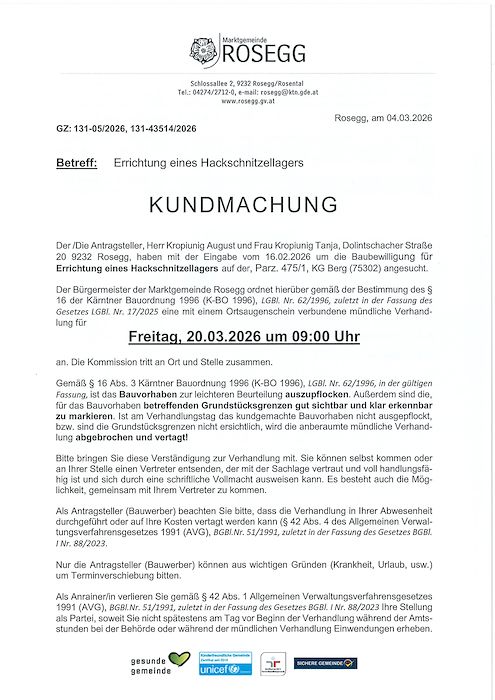 Kundmachung zum Bauverfahren Zahl 131-43514-2026