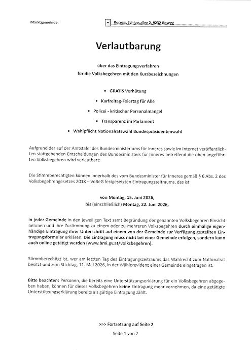 Verlautbarung Volksbegehren