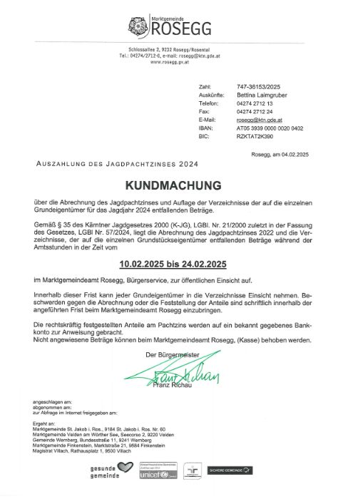 Kundmachung Marktgemeinde Rosegg Jagdpachtzins 2024