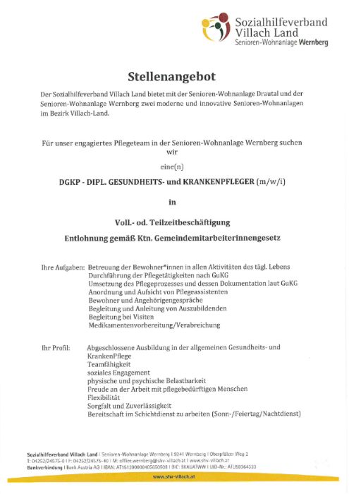 Stellenausschreibung für das Pflegeteam in der Senioren- Wohnanlage Wernberg