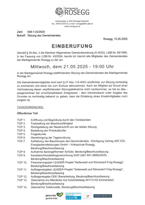 21. Mai 2025 Einberufung Sitzung des Gemeinderates