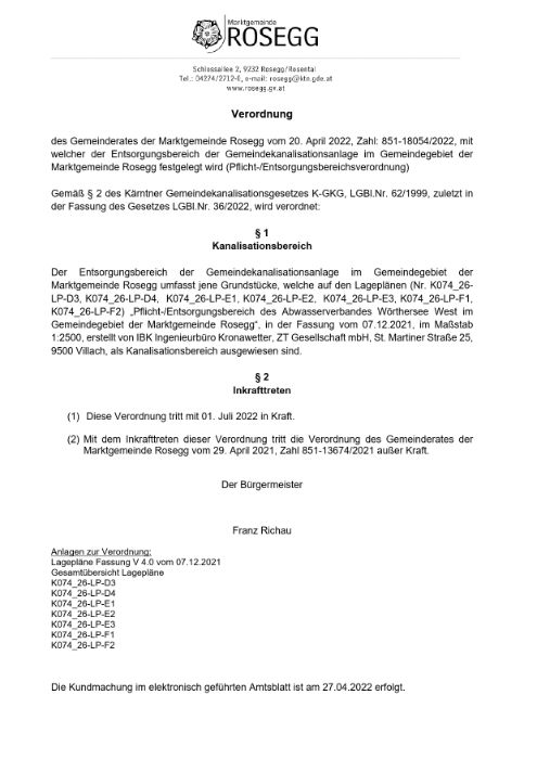 Pflicht-/Entsorgungsbereichsverordnung vom 20. April 2022, Zahl: 851-18054/2022