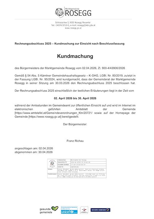Kundmachung zur Einsicht nach Beschlussfassung, Rechnungsabschluss 2025