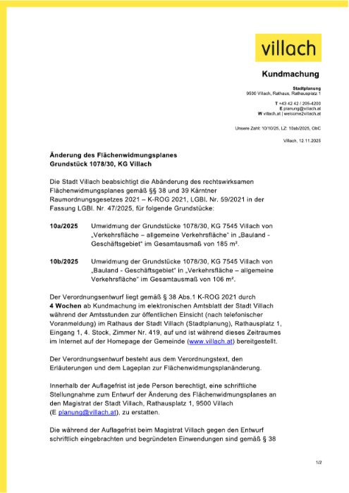 Kundmachung Stadt Villach 