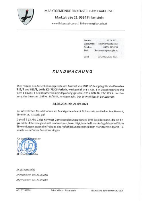 Kundmachung Freigabe Aufschließungsgebiet A10-2021 Parz. 813-4 und 813-8 KG 75305