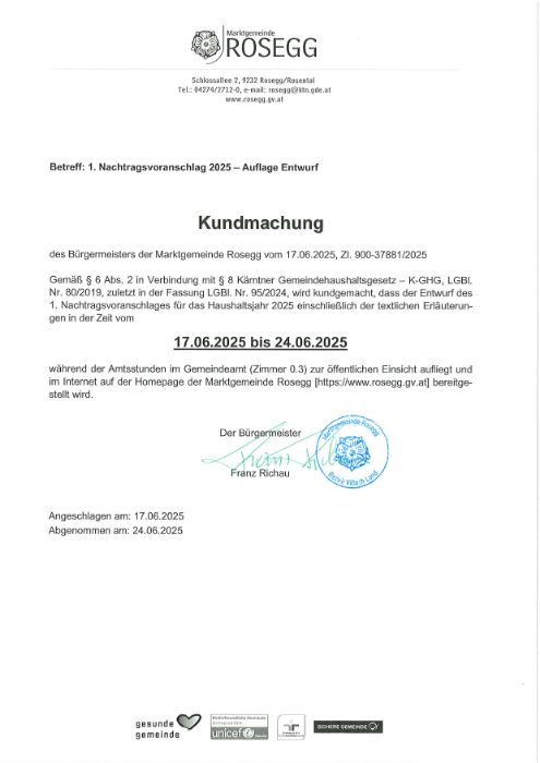 Kundmachung, 1. Nachtragsvoranschlag 2025 - Auflage Entwurf