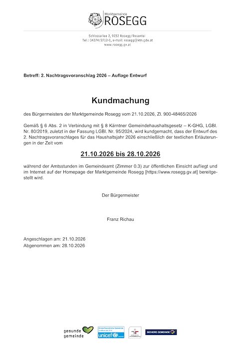 Kundmachung Auflage 2. Nachtragsvoranschlagsentwurf 2026