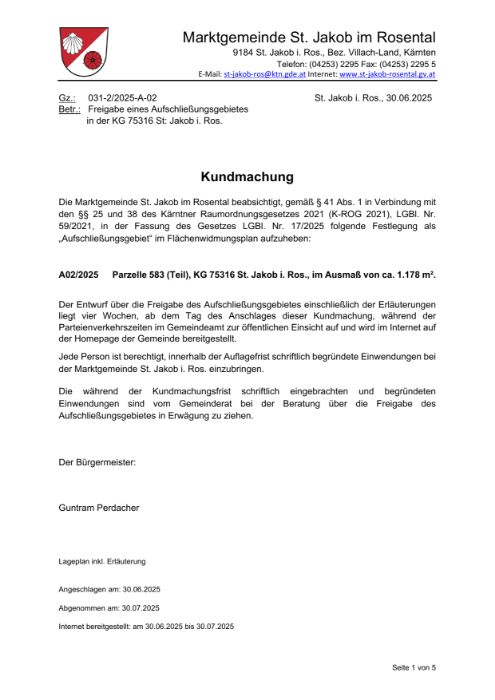 Kundmachung Marktgemeinde St. Jakob im Rosental