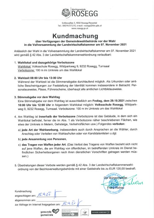 Kundmachung Verfügung der Gemeindewahlbehörde Vollversammlung der Landwirtschaftskammer am 07.11.21.