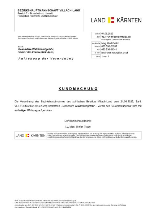 Aufhebung der Verordnung - Besondere Waldbrandgefahr, Verbot des Feuerentzündens