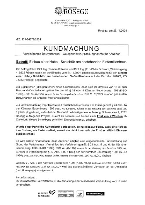 Kundmachung vereinfachtes Bauverfahren Zahl: 131-34573-2024