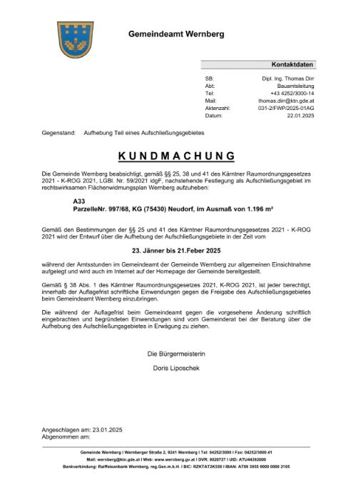 Gemeinde Wernberg Kundmachung Aufhebung Aufschließungsgebiet