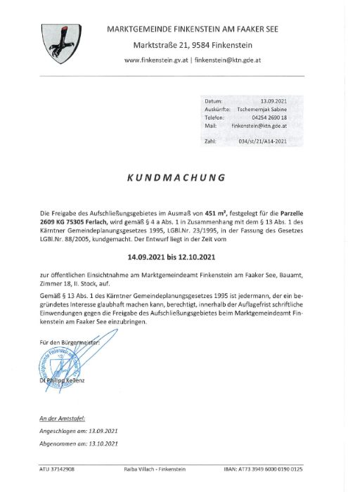 Marktgemeinde Finkenstein Freigabe Aufschließungsgebiet A14-2021