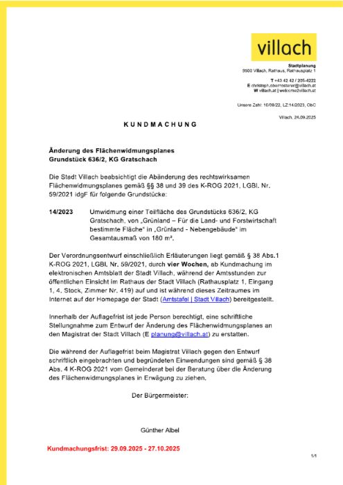 Kundmachung Stadt Villach Änderung des Flächenwidmungsplanes 