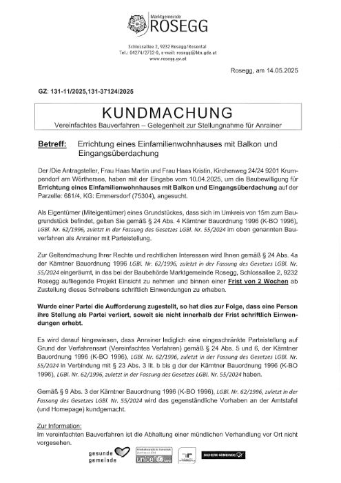Kundmachung vereinfachtes Bauverfahren Zahl: 131-37124-2025