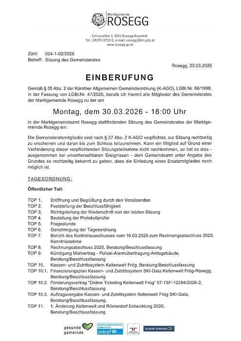 Einberufung Gemeinderat am 30.03.2026