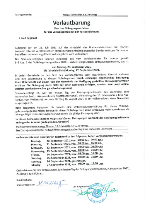 Verlautbarung über das Eintragungsverfahren für das Volksbegehren ''Kauf Regional''