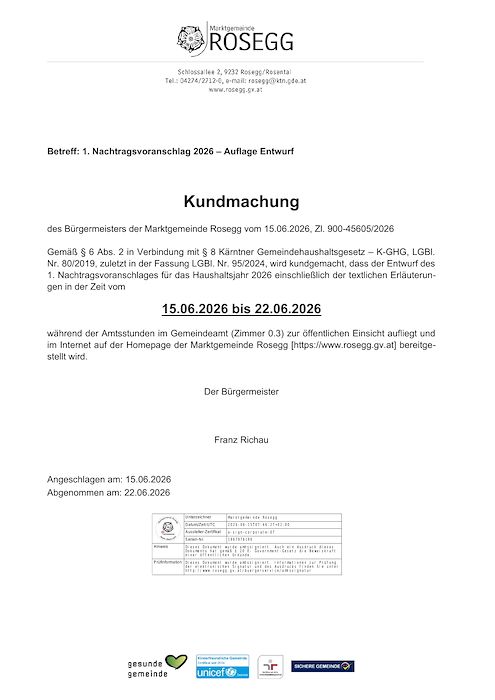 Kundmachung Auflage 1. Nachtragsvoranschlagsentwurf 2026