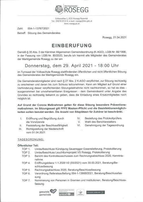 29. April 2021 Einberufung Sitzung des Gemeinderates