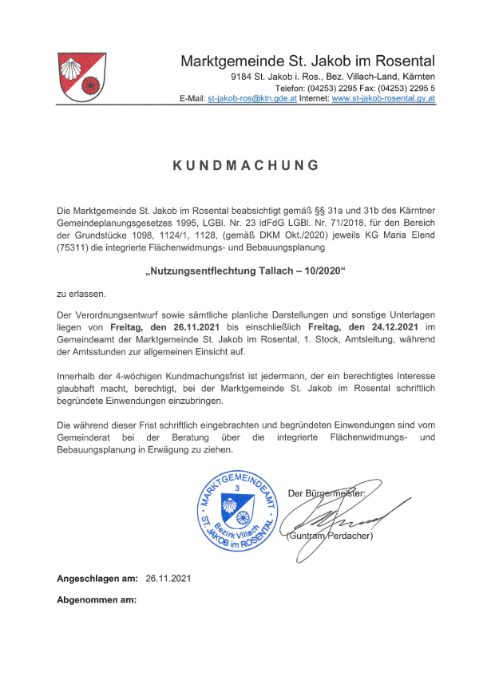 Marktgemeinde St. Jakob, Kundmachung Integrierte Flächenwidmungs u. Bebauungsplanung