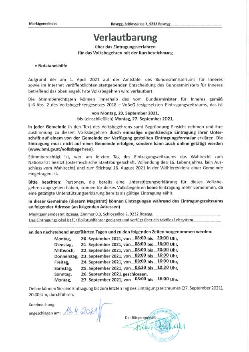 Verlautbarung über das Eintragungsverfahren für das Volksbegehren mit der Kurzbez.