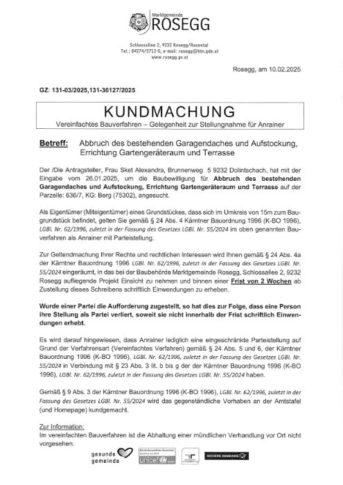 Kundmachung vereinfachtes Bauverfahren Zahl: 131-36127-2025