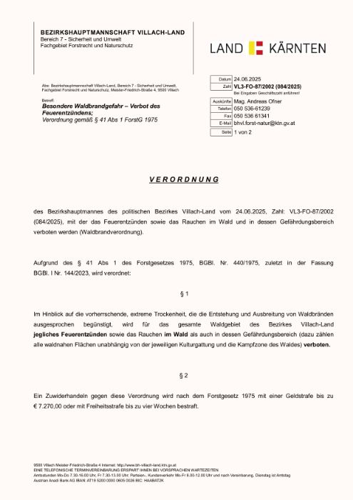Verordnung Besondere Waldbrandgefahr - Verbot des Feuerentzündens
