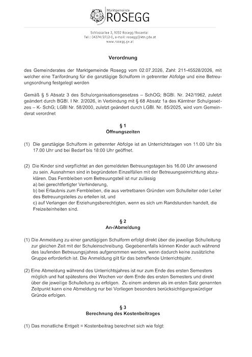 Tarifordnung für die ganztägige Schulform, 02.07.2026, Zl.:900-45607/2026