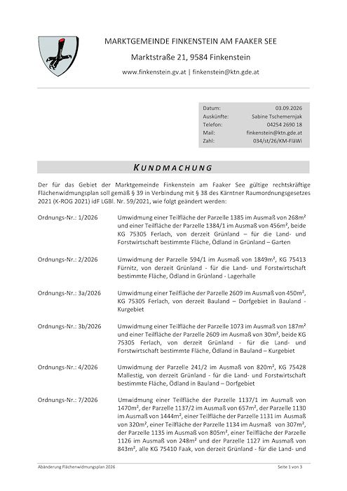 Kundmachung Marktgemeinde Finkenstein am Faaker See