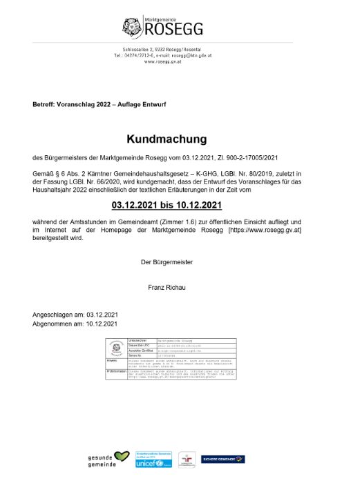 Kundmachung Marktgemeinde Rosegg Voranschlagsentwurf 2022