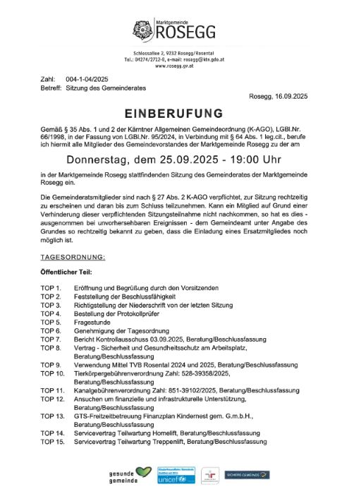 Einberufung zur Sitzung des Gemeinderates am 25.09.2025