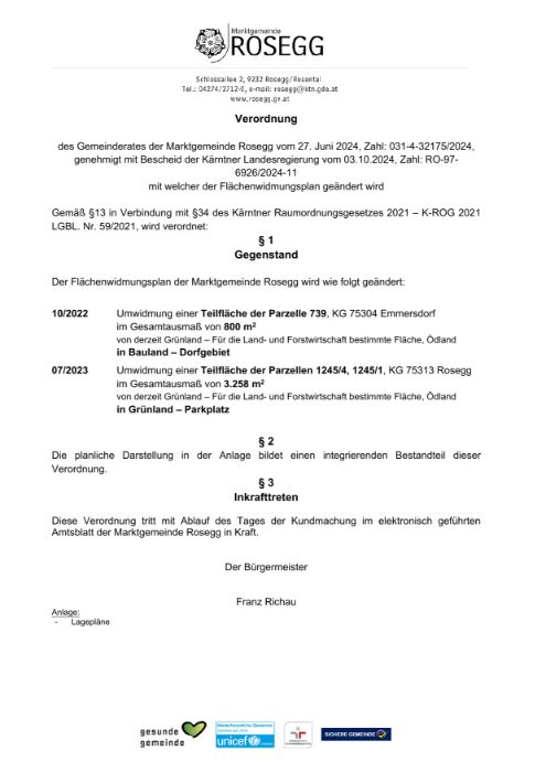 Verordnung zur Abänderung des FLÄWI der Marktgmeinde Rosegg 031-4-32175/2024