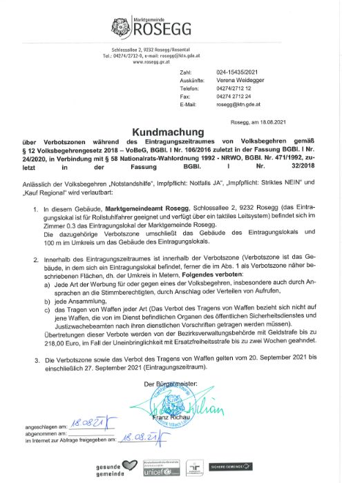Kundmachung über Verbotszonen des Eintragungsverfahren von Volksbegehren