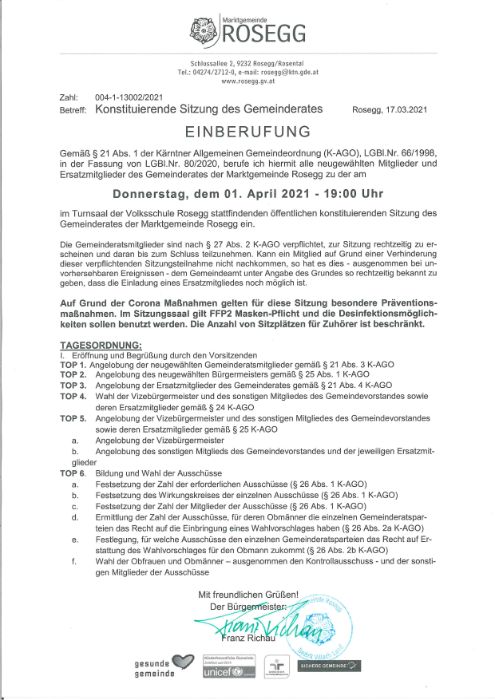 01.04.2021 Einberufung zur konstituierenden Sitzung des Gemeinderates