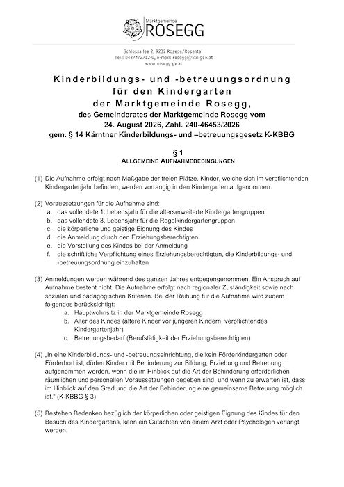 Kinderbildungs- und betreuungsordnung vom 24.08.2026, Zahl: 240-46453/2026