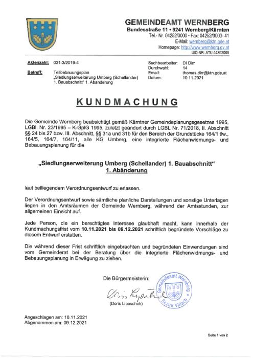 Martkgemeinde Wernberg Kundmachung 1. Änderung TBPL, KG Umberg