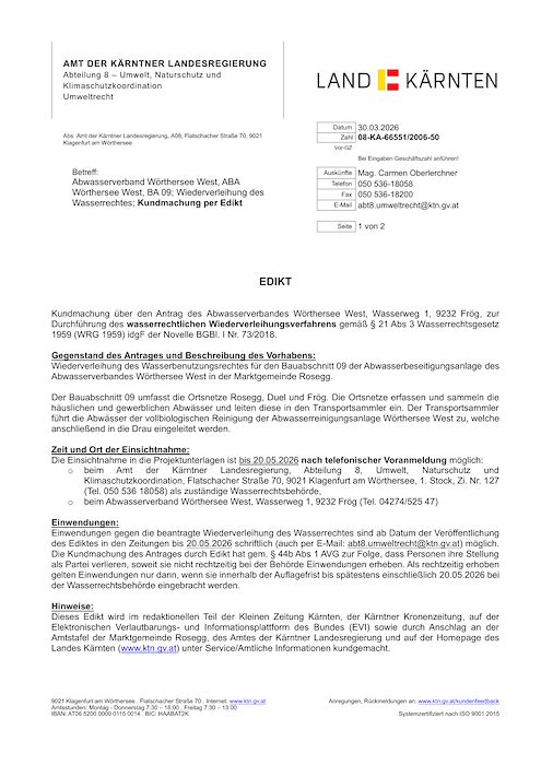 Abwasserverband Wörthersee West, ABA Wörthersee West, BA 09; Wiederverleihung des Wasserrechtes; Kun