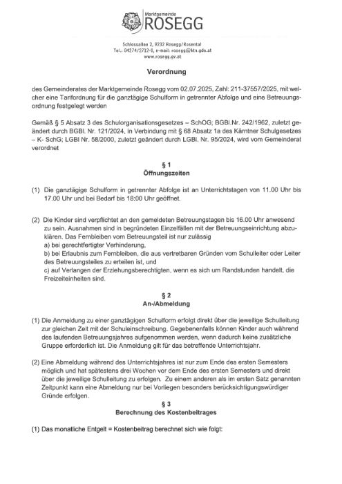 Tarifordnung für die ganztägige Schulform vom 02.07.2025 Zahl:211-37557/2025