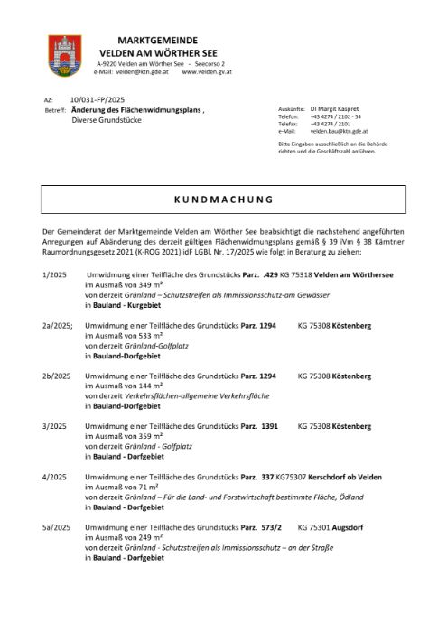 Kundmachung Marktgemeinde Velden am Wörthersee
