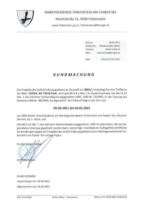 Kundmachung Marktgemeinde Finkenstein am Faaker See - Freigabe Aufschließungsgebiet