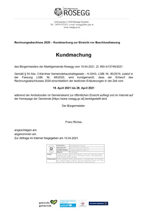 Rechnungsabschluss 2020 - Kundmachung zur Einsicht vor Beschlussfassung