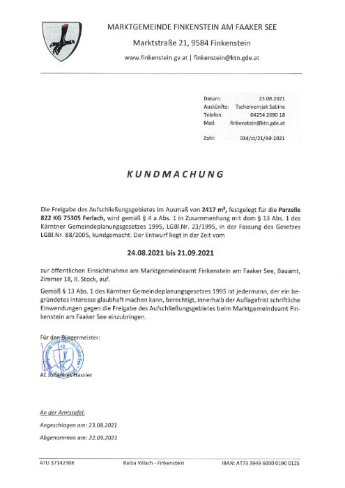 Kundmachung Freigabe Aufschließungsgebiet A9-2021 Parz. 822 KG 75305