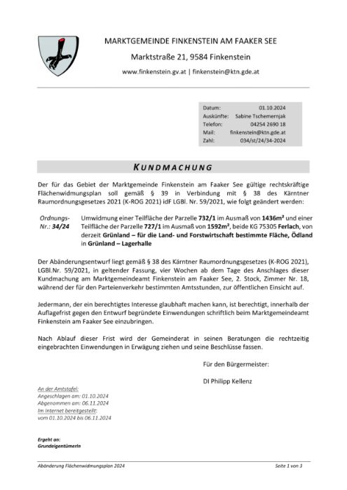 Kundmachung Marktgemeinde Finkenstein am Faaker See