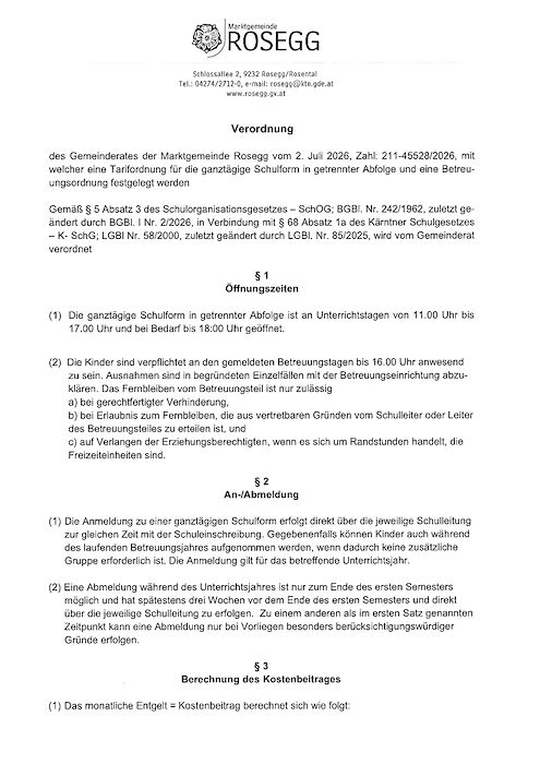 Verordnung - Tarifordnung für die ganztägige Schulform in getrennter Abfolge 