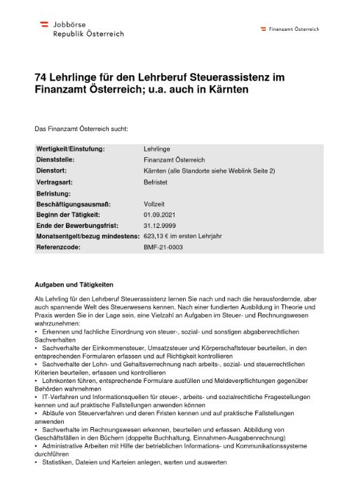 74 Lehrlinge für den Lehrberuf Steuerassistenz im Finanzamt Österreich; u.a. auch in Kärnten