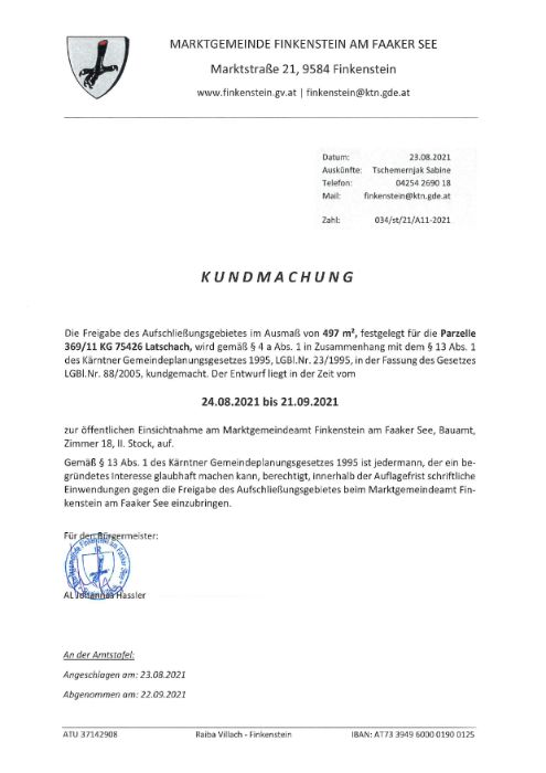 Kundmachung Freigabe Aufschließungsgebiet A11-2021 Parz. 369-11 KG 75426
