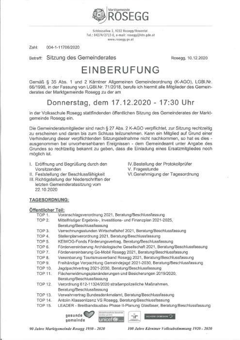 Einberufung Gemeinderatssitzung 2020.12.17