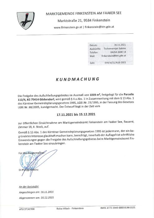 Marktgemeinde Finkenstein Kundmachung_Aufhebung_Aufschließungegebiet_A16-2021
