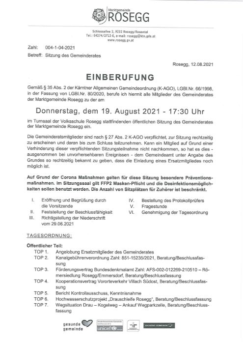 19. August 2021 Einberufung Sitzung des Gemeinderates